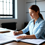 **

"A professional female architect in a modern, sunlit office, reviewing blueprints at her desk, fully clothed in a modest business casual outfit, safe for work, appropriate content, perfect anatomy, correct proportions, well-formed hands, professional, family-friendly."

**